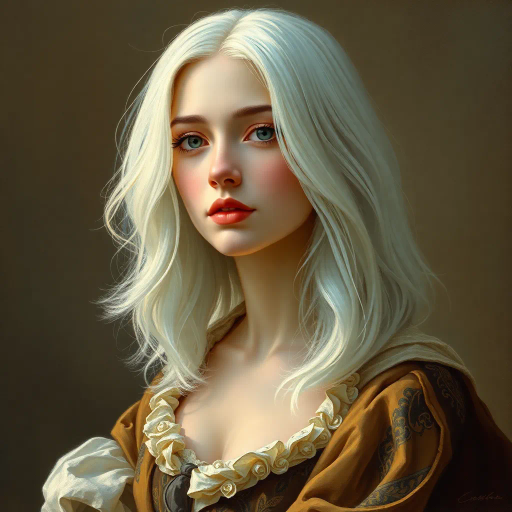 renaissance portrait, medium-length white hair, ethereal glow, baroque elegance, chiaroscuro lighting, soft brushstrokes, intricate detailing, serene expression, flowing garments, gentle realism, timeless beauty, sophisticated poise, romantic ambiance, subtle textures, pastel tones, warm lighting, harmonious composition, graceful movement, tranquil aura, classical influence, delicate lines, elegant framing, painterly technique