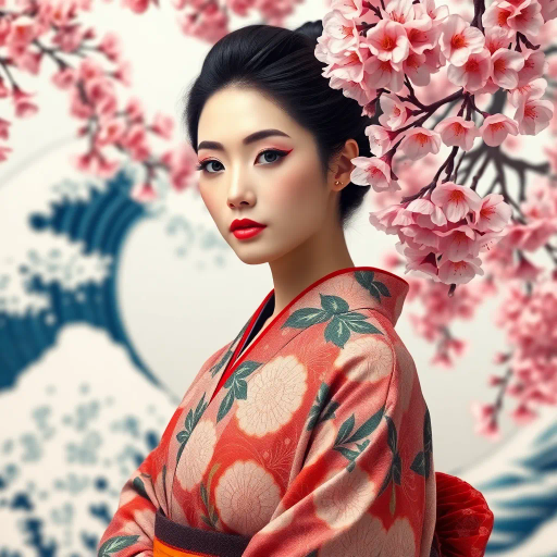 elegant Japanese woman, serene expression, traditional kimono, vibrant cherry blossoms, Hokusai-inspired waves, Edo period influence, intricate patterns, soft pastel colors, gentle brushstrokes, ukiyo-e style, atmospheric lighting, harmonious composition, cultural symbolism, tranquil mood, detailed fabric texture, natural elegance, cultural heritage, poised posture, soft focus background, immersive scene, refined color palette