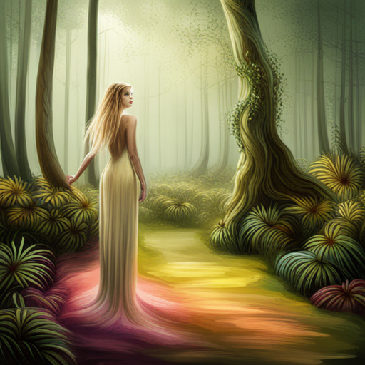 mythical creature, enchanted forest, ethereal beauty, magical realism, dreamlike atmosphere, feminine power, surreal landscape, whimsical elements