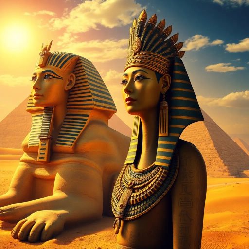 ancient egyptian, hieroglyphics, pharaohs, golden sands, mystical aura, vibrant hues, deep shadows, surreal elegance, ornate jewelry, divine symbolism, desert landscapes, monumental pyramids, regal posture, dynastic influences, spiritual undertones, papyrus textures, enigmatic sphinx, elaborate headdresses, sunlit temples, majestic tombs, cultural richness, timeless mystery, intricate carvings, historical depth, mythological themes, ceremonial grandeur, rich tapestry, sacred rituals