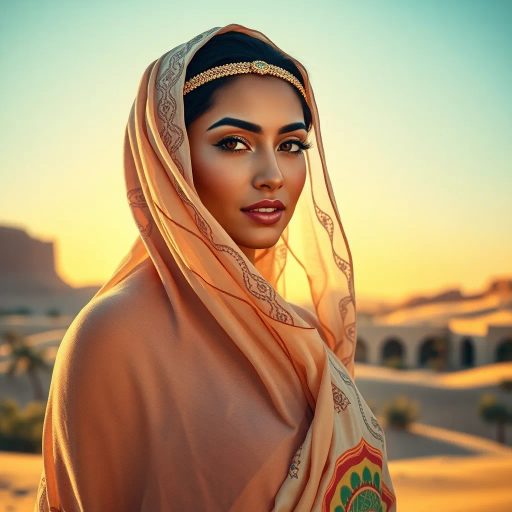 Arab beauty, Henri Matisse-inspired, modern elegance, desert oasis backdrop, golden hour lighting, vibrant colors, intricate patterns, delicate textures, sun-kissed skin, exotic allure, cultural richness, flowing lines, sensual movement, warm tones, harmonious composition, romantic ambiance, visual poetry, timeless grace, artistic expression, enchanting aura, seductive composition, ethereal mood, desert mirage, exotic elegance, artistic flair, Arabic cultural motifs, captivating allure, golden light, visual poetry