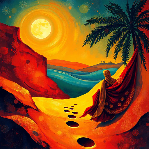 Arabian nights, vibrant colors, intricate patterns, gold accents, Henri Matisse, warm desert tones, graceful movement, rich textiles, cultural tapestry, surrealism, exotic elegance, moonlit sands, flowing fabrics, mystical allure, contemporary interpretation, shimmering heat, lush oasis, dynamic composition, sensual poise, atmospheric glow, dreamlike ambience