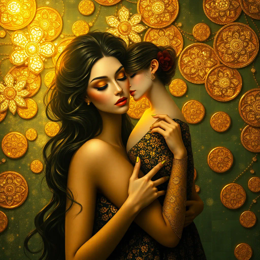 alluring elegance, contemporary fantasy, Gustav Klimt, dramatic lighting, shimmering gold, intricate patterns, ethereal beauty, surreal ambiance, sensual curves, vibrant hues, art nouveau, dreamscape, opulent textures, emotional depth, bold contrast, flowing forms, intimate portrayal, mysterious allure, dynamic composition, timeless enchantment