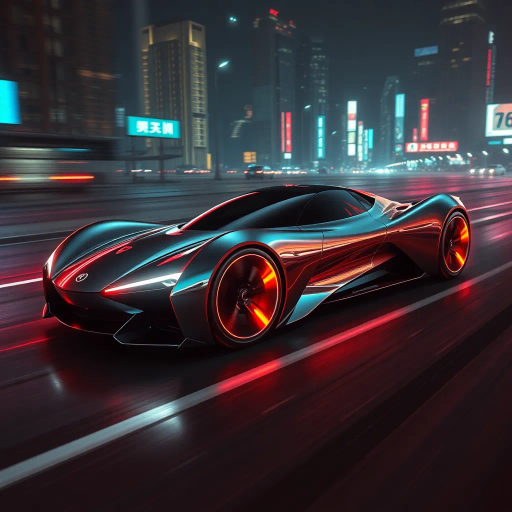 sleek futuristic automobile, inspired by Syd Mead, cybernetic aesthetic, dynamic movement, vibrant neon lights, high contrast shadows, aerodynamic curves, metallic and glossy textures, immersive depth, innovative design, urban landscape backdrop, night setting, bold color palette, capturing speed and energy, seamless integration, avant-garde, technological elegance, dramatic angles, expansive composition