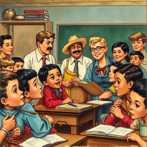 vintage, educational scene, Norman Rockwell influence, dynamic composition, diverse characters, primary colors, detailed line work, classroom setting, historical context, engaging storytelling, cultural exploration, emotional expressions, teaching moment, narrative depth, traditional techniques, cultural diversity, vibrant illustrations, storytelling dynamics, educational theme