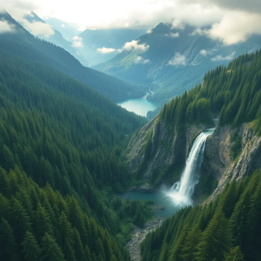 sweeping landscapes, vast forests, cascading waterfalls, misty mountains, serene lakes, John Muir influences, intricate detailing, vibrant greens and blues, ethereal lighting, epic scale, dynamic composition, tranquility and wonder, natural textures, immersive perspective, grand vistas, romanticism era, atmospheric depth, organic forms, natural grandeur, bio-diverse ecosystems, untouched wilderness