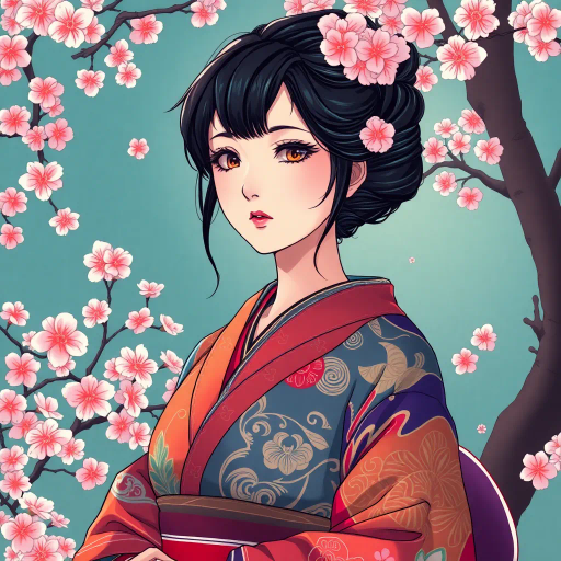 Japanese woman, Akira Toriyama, Studio Ghibli, vibrant colors, detailed patterns, traditional kimono, serene expression, cherry blossoms, delicate line work, ukiyo-e influence, soft lighting, intricate hair design, cultural symbolism, Edo period, harmonious composition, anime style, elegance, tranquility, dynamic pose, captivating gaze