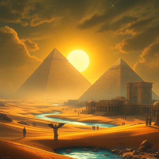 mystical landscapes, towering pyramids, sunlit desert sands, Jean-Léon Gérôme, hieroglyphic patterns, golden hour lighting, pharaohs, deities, intricate stone carvings, lush Nile River, mythical creatures, spiritual aura, flowing robes, Nefertiti-inspired elegance, grand temples, vibrant ochre, turquoise, historic depth, time-worn textures, symbolic resonance, sacred ritual, atmospheric depth, mysterious allure, ethereal glow, timeless culture, ornate jewelry, celestial constellations, epic scale, ancient Egypt, fantasy-art