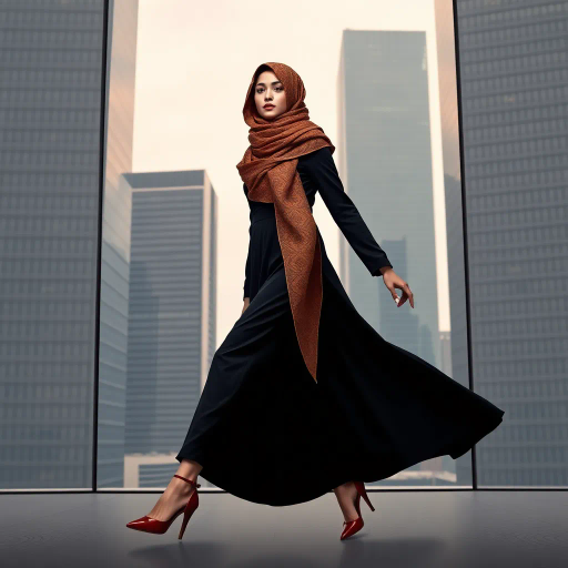 elegant Arab lady, sophisticated office environment, intricate hijab patterns, modern skyscraper backdrop, subtle cultural symbolism, vibrant color palette, corporate heels, realistic textures, poised and confident demeanor, dynamic movement, chiaroscuro lighting, contemporary Middle Eastern influence, professional attire, serene and focused atmosphere, detailed fabric drapery, refined line work, cosmopolitan vibe, artistic fusion of east and west