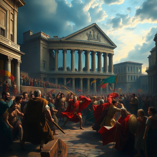 Visigoths, ancient Rome, chaotic cityscape, dramatic lighting, chiaroscuro, tumultuous emotions, historical drama, vivid storytelling, Alaric I, dark, somber tones, rubble and ruins, intricate detail, historical textiles, Renaissance influence, dynamic composition, expressive brushwork, historical artifacts, cultural collision, atmospheric tension, turbulent skies, Baroque intensity, rich textures, epic scale, classical architecture, aura of desolation, historical narrative, monumental scale, layers of history, pathos and loss