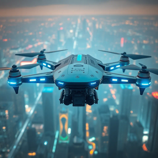 futuristic drone, sleek design, neon lights, cyberpunk aesthetic, intricate circuitry, high-tech machinery, electric blue, neon green, dynamic angles, cinematic lighting, atmospheric glow, detailed textures, technological marvel, advanced robotics, urban skyline, digital era, ambient lighting, speed, agility, engineering brilliance, concept art, visionary design, cutting-edge innovation, cityscape reflections, tech-inspired composition, high-tech innovation, dynamic motion, metallic textures, neon glow, aerial perspective, ultra-modern, precision engineering, vibrant color palette, symmetrical composition, futuristic landscape, inspired by Syd Mead, cybernetic influences, aerodynamic structure, digital precision, technological advancement, science fiction, engineering excellence, urban cityscape, technological evolution, visionary aesthetics, futuristic vision, cinematic influence.
