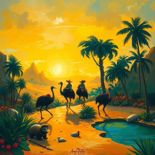 oasis, desert landscape, cassowary riders, surreal journey, Henri Rousseau influence, impressionist brushstrokes, vivid color palette, golden sunlight, mirage effects, dynamic composition, whimsical atmosphere, tropical vegetation, dramatic shadows, expansive horizon, cultural fusion, dreamlike scenario, detailed textures, symbolic fauna, mystic ambiance, imaginative realism, ethereal landscape, adventurous spirits, exotic wildlife, tranquil pools, exploratory perspective