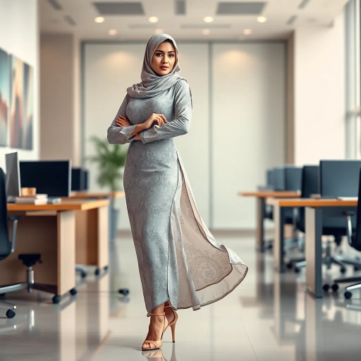 Arab woman, elegant hijab, professional setting, modern workplace, high heels, Middle Eastern culture, contemporary art, intricate patterns, vibrant colors, soft lighting, dynamic pose, cultural expression, delicate fabrics, office environment, confident demeanor, sophisticated fashion, grace and poise, diverse representation, cultural fusion, empowerment, modernism, Impressionism influences, human form, balance and harmony, Claude Monet, vibrant brushstrokes, cultural heritage, modern elegance, dynamic symmetry, fusion of tradition and modernity, soft pastels, intricate motifs, bold contrasts, serene ambiance, cultural narrative