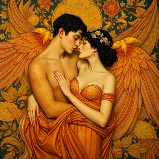 gustav klimt, art nouveau, sensuality, gold leaf, intricate patterns, ethereal glow, romantic allure, rich tapestries, flowing fabrics, elongated forms, emotional intensity, intimate moments, lush environments, vibrant palettes, delicate lines, allegorical meaning, dreamlike atmosphere, baroque influences, warm tones, skin textures, evocative narratives, mysterious allure, opulent details, timeless elegance, visual poetry, captivating presence, shimmering colors, ornate designs, mythical ambiance, enchanted realms, surreal beauty, golden hues, graceful figures, symbolic expression, whimsical elements, atmospheric depth, artistic sublimity, mesmerizing forms, nostalgic essence