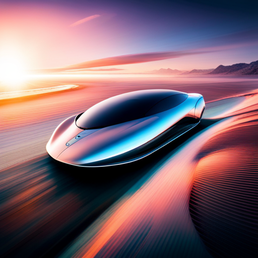 futuristic design, high-tech, sleek aerodynamics, AI-controlled, holographic technology, neon lighting, carbon-fiber components, asymmetrical shapes, levitation, dynamic movement, chrome plating, transparent modular design, fast speed