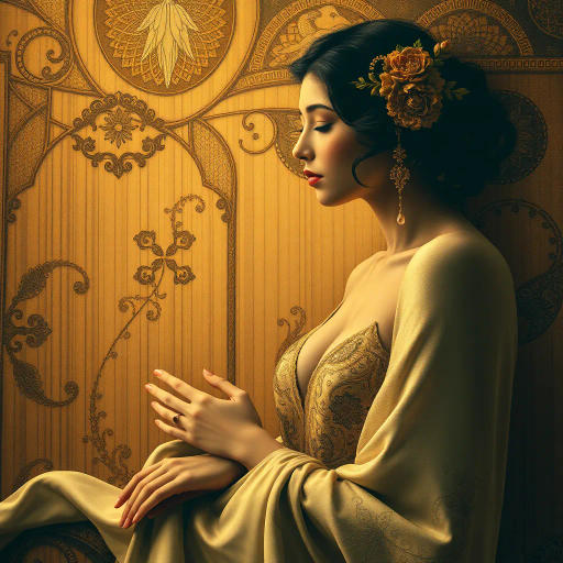 sensual expressionism, Gustav Klimt influence, Art Nouveau flourishes, warm sepia tones, intimate vignette, soft light caress, luxurious textures, flowing satin, romantic allure, dreamlike ambiance, ethereal forms, intricate patterns, delicate line work, intimate scale, passionate intensity, ornate embellishments, cultural tapestry, emotive gaze, gilded accents, opulent tapestry, whispering hues, evocative moment, surreal fantasy, imaginative landscapes, mystical symbolism, fantastical realms, ornate craftsmanship, golden luminosity, transcendent beauty, harmony of elements