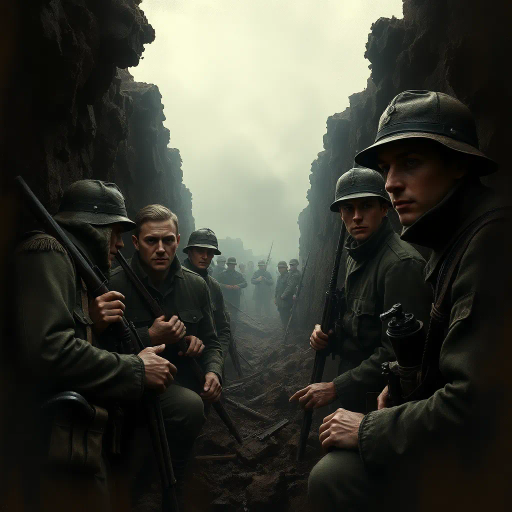 WWI soldiers, historical military figures, trench warfare, muddy shell hole, somber atmosphere, early 20th century, muted earth tones, gritty textures, dramatic chiaroscuro lighting, realism with surrealistic touches, emotional depth, tension and suspense, volumetric light, expressive brushstrokes, worn uniforms, shell-torn landscape, foggy battlefield, poignant scene, intense gaze, narrative composition, war-torn terrain, historical authenticity, haunting silence, human resilience, battlefield echoes, raw emotion, layered storytelling, atmospheric perspective