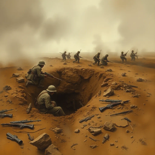 World War I soldiers, hiding, muddy shell hole, crater, somber atmosphere, trench warfare, historical accuracy, muted earth tones, realism, dramatic shadows, Edgar Degas influence, textural depth, dynamic composition, war-torn landscape, emotional expression, intense focus, chaotic environment, sepia tones, expressive brushstrokes, battlefield, fear and bravery, historical fiction, immersive perspective, gritty texture, authentic depiction, turbulent sky, evocative imagery, haunting mood