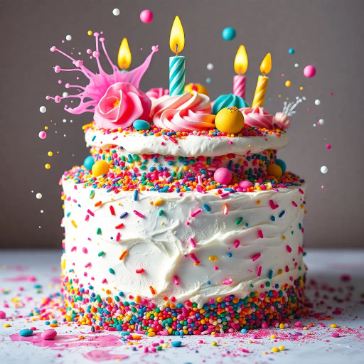 vivid birthday cake, intricate details, vibrant colors, surrealism, whimsical, dream-like, fantastical elements, splashes of paint, soft glow, celebratory mood, contemporary, dynamic composition, pastel hues, icing texture, multicolored sprinkles, playful elements, multi-layered structure, high contrast, delicate frosting, creative presentation, joyful ambiance, artistic flair, imaginative design, cake artistry, festive atmosphere