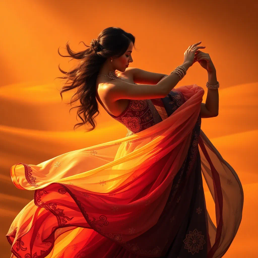 fascinating dance, mysterious allure, warm desert hues, Henri Matisse influence, tantalizing curves, intricate beadwork, rhythmic movement, rich textiles, golden ambiance, arabesque patterns, passionate expression, fluid grace, Nile river influence, empowering femininity, flowing choreography, exotic melodies, cultural fusion, shimmering silks, vibrant energy, romantic mystique, opulent embellishments, ethereal elegance, transcendent beauty, sensual silhouettes, delicate balance, Middle Eastern artistry, evocative storytelling, dynamic poses, luminous lighting