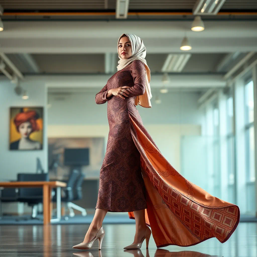 Arab woman, elegant hijab, professional setting, modern workplace, high heels, Middle Eastern culture, contemporary art, intricate patterns, vibrant colors, soft lighting, dynamic pose, cultural expression, delicate fabrics, office environment, confident demeanor, sophisticated fashion, grace and poise, diverse representation, cultural fusion, empowerment, modernism, Impressionism influences, human form, balance and harmony, Jean-Michel Basquiat inspiration, vibrant brushstrokes, Henri Matisse color palette, delicate textures, fluid movement, artistic elegance, cultural symbolism, refined composition, elegance and sophistication, bold patterns