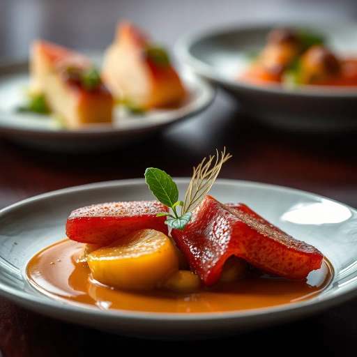 hyper-realistic, culinary artistry, vibrant colors, succulent textures, food photography, gourmet presentation, chiaroscuro lighting, rich detail, natural composition, culinary textures, glossy surfaces, nuanced hues, modern aesthetic, exquisite plating, artisanal craftsmanship, gourmet indulgence, food as art, visual feast, sumptuous presentation, high contrast, appetizing visual, culinary elegance, Vermeer influence, artistic richness, stylistic finesse, contemporary flair, textural harmony, elegant framing, dramatic contrasts, visual temptation