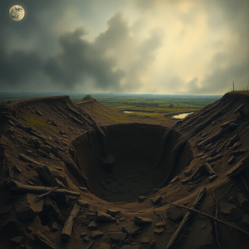 WW1 shell hole, haunting landscape, ruinous earth, trench war remnants, muddy textures, smoke-infused skies, somber atmosphere, historical echoes, dramatic chiaroscuro, war-torn memories, intricate details, Ernst Ludwig Kirchner influence, expressionist undertones, desolate expanse, juxtaposition of life and decay, symbolism of conflict, muted earth tones, organic compositions, narrative storytelling, ethereal light, ominous horizon, atmospheric perspective, reflective surfaces, cultural memory, evocative emotional depth, surrealism, dreamlike quality, fantastical elements, abstract forms, emotive brushstrokes, mythical interpretation, timeless scenario, allegorical imagery, spatial depth, ethereal glow, haunting beauty