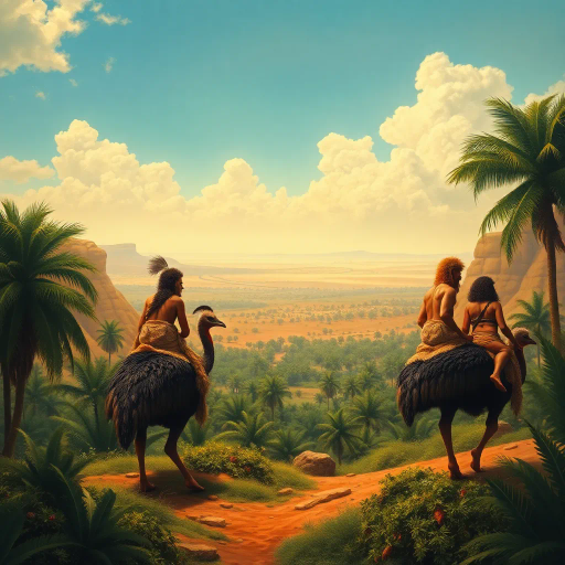 prehistoric warriors, clad in animal hides, riding majestic cassowaries, lush oasis, expansive desert vista, distant horizon, surreal landscape, Henri Rousseau, evocative atmosphere, warm earth tones, vibrant greens, dramatic lighting, dynamic perspective, sweeping compositions, historical fantasy, cultural myth, allegorical themes, intricate textures, adventure and mystery, epic scale, narrative richness, imaginative storytelling, ethereal ambiance, melding nature and human history