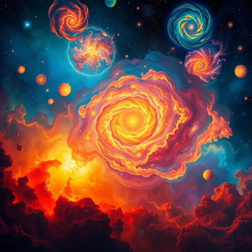 vast cosmos, celestial bodies, nebulae, Vincent van Gogh influence, surrealistic dreamscape, vibrant colors, luminescent, chiaroscuro lighting, ethereal beauty, infinite scale, swirling galaxies, star clusters, cosmic dust, deep space mystery, futuristic elegance, science fiction allure, awe-inspiring vision, cosmic perspective, endless vastness, universe exploration, impressionist influence, dreamlike atmosphere, vibrant neons, intricate textures, galactic phenomena, cosmic synthesis, artistic intricacy, boundless creativity, multiverse imagination