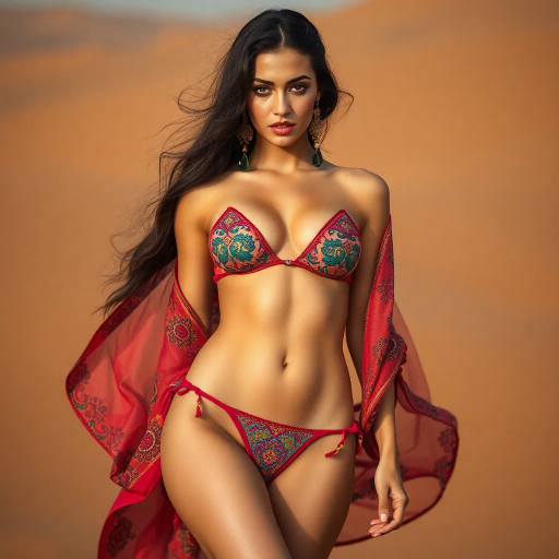 elegant arab woman, bikini, thong, sensual, Middle Eastern beauty, vibrant colors, intricate patterns, alluring gaze, warm desert tones, soft textures, Henri Matisse, sultry atmosphere, dramatic lighting, cultural fusion, contemporary fashion, dynamic composition, fluid movement, exotic charm, delicate details, artistic expression, modern elegance, bold shapes, rich fabrics, luxurious ambiance, fine art influences