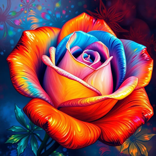vibrant multicolored rose, inspired by Vincent van Gogh, surrealist composition, iridescent hues, impressionist brushwork, luminescent petals, dynamic lighting, kaleidoscopic patterns, romantic symbolism, ethereal glow, intricate details, modernist interpretation, fluid movement, nature's elegance, vivid contrasts, botanical subject, transcendent aura, delicate texture, prismatic reflection, dreamlike atmosphere