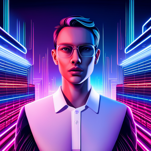 neon lights, futuristic technology, humanoid AI, coding, glitch art, machine learning, cyber culture, virtual reality, code generation, data visualization, algorithmic art