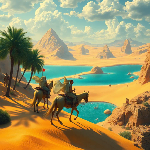 majestic oasis, vast desert, vibrant casuaries, human riders, surrealist, Salvador Dalí influences, Art Nouveau elements, vivid turquoise water, golden sands, mystical atmosphere, ethereal lighting, intricate detailing, lush palm trees, flowing drapery, ornate patterns, harmonious balance, dreamlike scenery, exotic wildlife, emotional depth, Persian art, expansive horizons, dynamic composition, high contrast, visual poetry, mythical journey, escapist theme, imaginative realism
