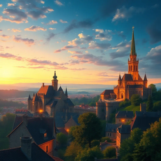 medieval cityscape, glowing twilight, perched on hilltop, vibrant colors, Claude Lorrain influence, golden hour lighting, ethereal atmosphere, lush landscapes, towering spires, intricate architecture, cobblestone streets, panoramic views, sweeping vistas, rich texture, romanticism, detailed engravings, enchanting aura, timeless beauty, serene ambiance, historical roots, narrative storytelling, mystical realm, elevated perspective, imaginative vision, fantasy essence, dreamlike setting, magical realism, atmospheric haze, visual poetry, harmonious balance, artistic expression, visionary landscape, celestial glow, opulent details, mythic narrative, surreal dimension, enchanting horizon, lush greenery, vibrant elegance, whimsical scenery