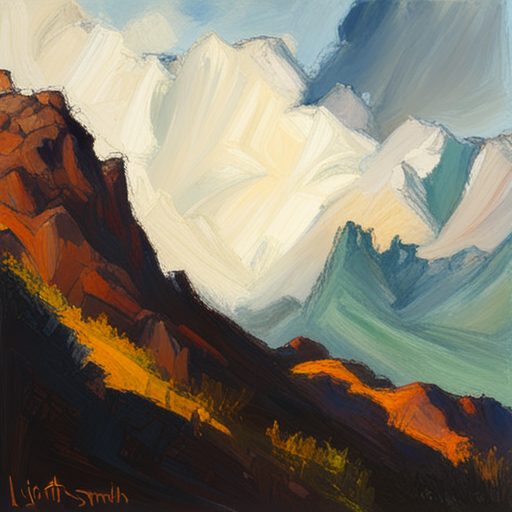 majestic peaks, rugged terrain, atmospheric perspective, Impressionism, Hudson River School, light and shadow, texture, acrylic paint, naturalism, grandeur, plein air, rocky outcroppings, dramatic sky, asymmetry, depth, soft brushstrokes, tranquility, pixel art, atmospheric lighting
