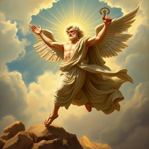 Hermes, Greek god, ancient mythology, divine messenger, wings on sandals, caduceus, swift movement, dynamic pose, classical antiquity, mythological figure, spiritual journey, open sky, ethereal glow, lively expression, flowing robes, bronze sheen, golden highlights, Hermes Trismegistus, Roman frescoes, Homeric influence, celestial ambiance, divine radiance, Olympian grandeur, Renaissance elegance, masterful brushwork, majestic presence, fluid motion, wind-swept landscape, Michelangelo, baroque drama, celestial tapestry, chiaroscuro lighting, mythic narrative, historical symbolism, cosmic perspective, atmospheric depth, mythical elegance, transcendental power, emotion-laden storytelling, allegorical motif, timeless scale