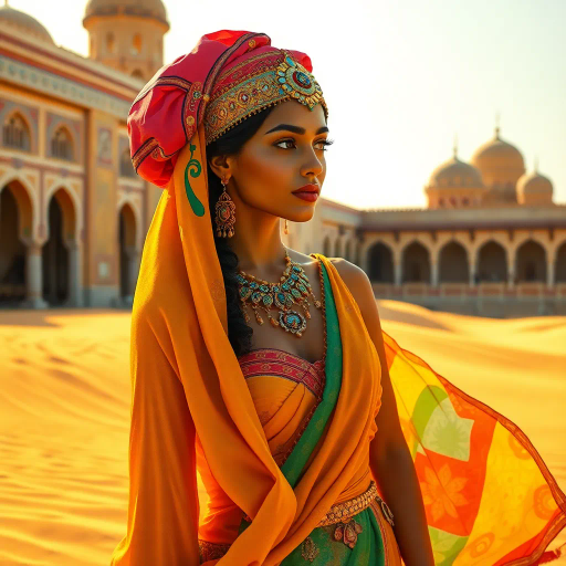 Arabian nights, vibrant colors, intricate patterns, gold accents, Henri Matisse, warm desert tones, graceful movement, rich textiles, cultural tapestry, surrealism, exotic elegance, moonlit sands, flowing fabrics, mystical allure, contemporary interpretation, shimmering heat, lush oasis, dynamic composition, sensual poise, atmospheric glow, dreamlike ambience