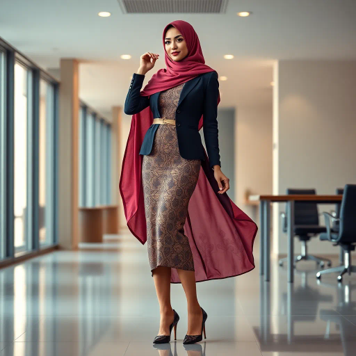 elegant Arab woman, professional attire, hijab, modern workplace, high heels, contrasting cultural fusion, vibrant Middle Eastern influences, contemporary art style, dynamic composition, intricate patterns, vibrant color palette, soft ambient lighting, dynamic posing, cultural expression, delicate textiles, confident and empowering presence, grace, poise, diverse representation, fusion of modern and traditional elements, Impressionism influences, human form depiction, advanced digital techniques, refined textures, bold symbolism, artistic influences, balance, harmony, surreal lighting, empowered femininity, Gustav Klimt inspiration, Art Nouveau elegance, intricate detailing, cultural narrative, sophisticated sophistication, modernism, representation and empowerment