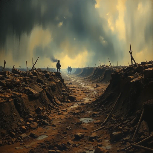 chaotic battlefield, World War I, historical reflections, dramatic shadows, mud and earth tones, trench warfare, James McNeill Whistler, chiaroscuro, textured landscape, emotional turmoil, war-torn terrain, desolate foreground, realism with surrealist touch, somber mood, destruction and resilience, perspective from the abyss, remnants of conflict, echo of history, raw materials, harsh light, depth of field, symbolism of resilience, impressionistic influences, interplay of light and dark, atmospheric tension, detailed soil texture