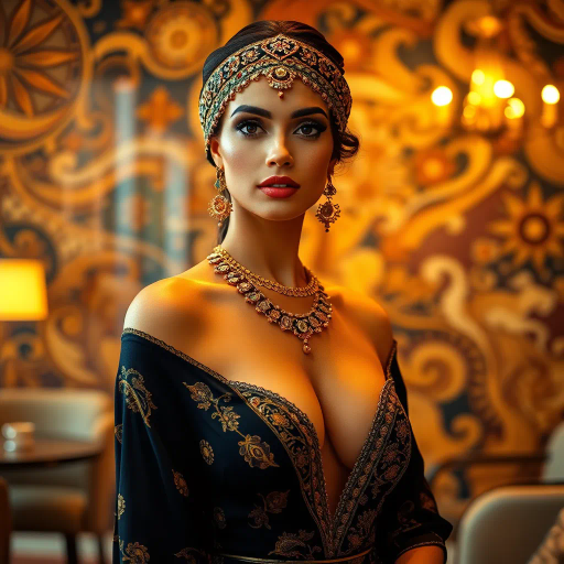 sensual elegance, Arabian beauty, professional environment, Gustav Klimt, Art Nouveau, warm tones, intricate patterns, flowing fabrics, golden accents, cultural richness, empowered demeanor, contemporary setting, soft ambient lighting, vibrant energy, graceful posture, captivating gaze, sophisticated attire, Middle Eastern influences, delicate textures, timeless allure, confident expression, refined aesthetics, harmonious balance