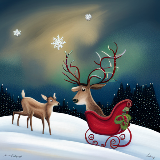 reindeer, santa, delivering presents, magical, whimsical, holiday, Christmas, winter wonderland, sleigh, chimney, glowing, nighttime, stars, snowflakes, cozy, joyful, festive, red and green, snowy landscape, mystical, enchanted, mythical creatures, holiday spirit, jolly, anticipation, magical journey