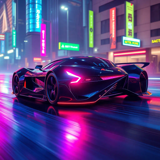 sleek sports car, futuristic design, synthwave aesthetic, vibrant neon colors, dramatic lighting, dynamic angles, glossy finish, cyberpunk influence, speed and motion, urban environment, atmospheric glow, night scene, reflections, cutting-edge technology, streamlined form, retro-futuristic elements, contrast and depth, racing spirit, digital landscape, visual impact