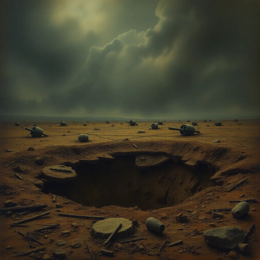 World War I, battlefield, shell hole, destruction, historical conflict, realism, Henri Rousseau, chiaroscuro lighting, somber mood, earth tones, dramatic perspective, craters, landscape, war-torn terrain, textured soil, immersive depth, metaphoric emptiness, poignant silence, layered composition, impressionist influences, reflective atmosphere, muted colors, raw textures, turbulent history, emotive impact, tension, ruins, nature reclaiming, symbolic void, desaturated hues, visual storytelling