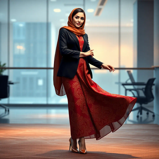 Arab lady, hijab, professional setting, elegance, modern workplace, high heels, grace, long legs, contemporary fashion, vibrant colors, Henri Matisse, impressionistic lighting, cultural fusion, confident composition, smooth textures, chic office attire, dynamic pose, minimalistic design, elegance, bustling office, refined aesthetics, empowerment, subtle sophistication, urban environment, creative space, harmony in diversity, timeless beauty, lateral perspective, graceful movement, cross-cultural artistry, sleek lines