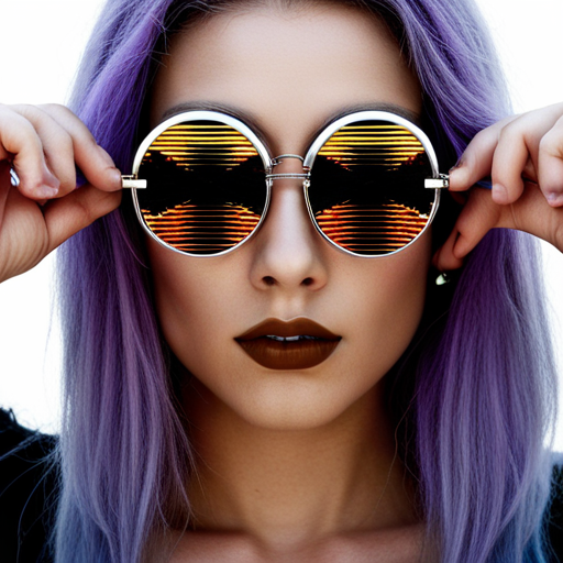 glitchy, cyberpunk, futuristic, augmented reality, metallic accents, edgy, sunglasses, Burning Man, neon lights, retrofuturistic, post-apocalyptic, rave culture, distortion, reflection, fusion, biomechanical, electric, High-tech eyewear, Fire-inspired fashion, Futuristic festival, Radial symmetry, Burnt orange, Mirrored lenses, UV protection, Industrial chic, Multidimensional shapes