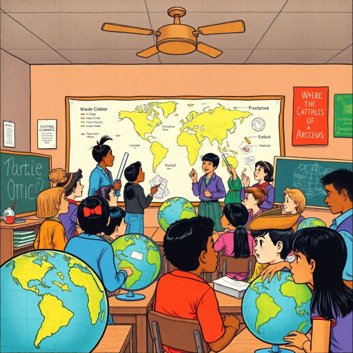 engaging educational narrative, classroom scene, diverse students, globes and maps, chalkboards, Jean Giraud's influence, vibrant colors, dynamic panel framing, stylized characters, 1960s era, historical exploration, rich textures, educational journey, educational symbolism, educational storytelling, cultural inclusivity, educational adventure