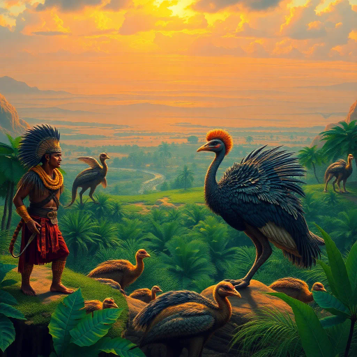 ancient warriors, animal skins, dinosaur-like cassowaries, verdant oasis, expansive desert horizon, surreal landscape, vibrant colors, dramatic lighting, intricate textures, prehistoric mythology, dynamic movement, Jean Giraud, Maurice Sendak, Maxfield Parrish, Henri Rousseau, whimsical creatures, cinematic scale, adventurous spirit, primal energy, mythical narrative, expressive brushstrokes, lavish detailing, panoramic view, ethereal atmosphere, prehistoric flora, exotic landscape, imaginative world-building, fusion of history and fiction, adventurous mood, untamed wilderness, epic scale, cultural symbolism, storytelling composition, prehistoric visual storytelling, convergence of eras, fantastical adventure, time-travel themes