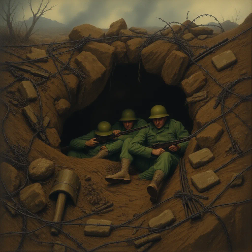 World War I soldiers, hiding, muddy shell hole, somber atmosphere, trench warfare, realism, Otto Dix, muted earthy tones, dramatic lighting, chiaroscuro, historical context, emotional tension, barbed wire, gritty textures, detailed uniforms, wet mud, textured landscape, fear and camaraderie, composition of chaos, historical accuracy, emotional resonance, survival, smoke and fog, echoes of battle, shell shock, courage under fire, historical narrative