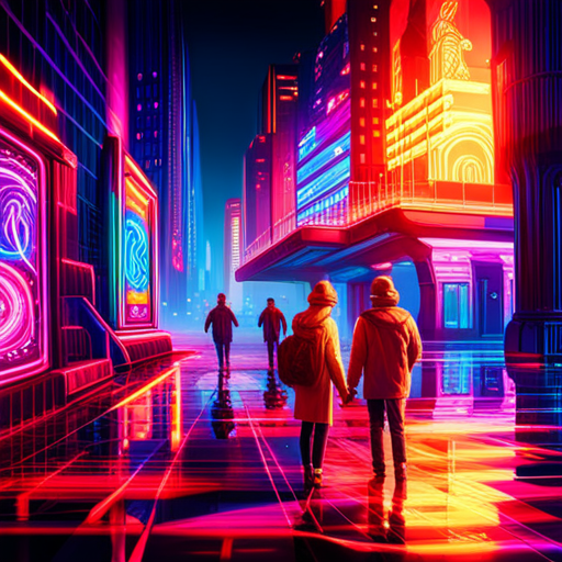 endless virtual neon arcade, retro-futuristic circuitry, vibrant and electric sparks, generative animated game worlds, glitchy pixelated landscapes, cyberpunk characters exploring new realms, neon lights reflecting off reflective surfaces, dynamic movement and energy, dystopian neon cityscapes, pulsating digital dreams