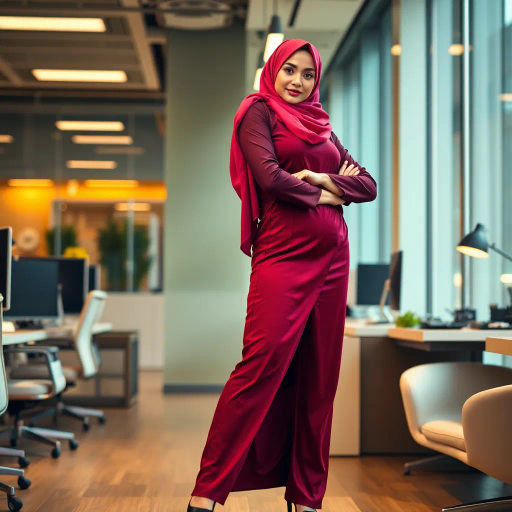 Arab lady, hijab, professional setting, elegance, modern workplace, high heels, grace, long legs, contemporary fashion, vibrant colors, Henri Matisse, impressionistic lighting, cultural fusion, confident composition, smooth textures, chic office attire, dynamic pose, minimalistic design, elegance, bustling office, refined aesthetics, empowerment, subtle sophistication, urban environment, creative space, harmony in diversity, timeless beauty, lateral perspective, graceful movement, cross-cultural artistry, sleek lines